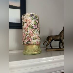 Tall glass vase with decoupage  spring floral finish and gold tones